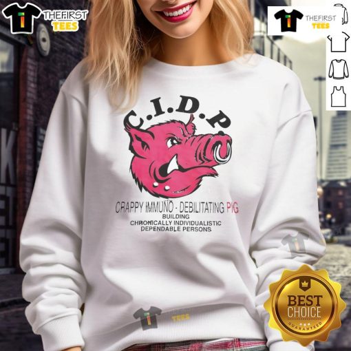 Alt Text: Cozy Nice C.I.D.P. Crappy Immuno Debilitating Pig Sweatshirt, perfect for casual wear and raising awareness for C.I.D.P.