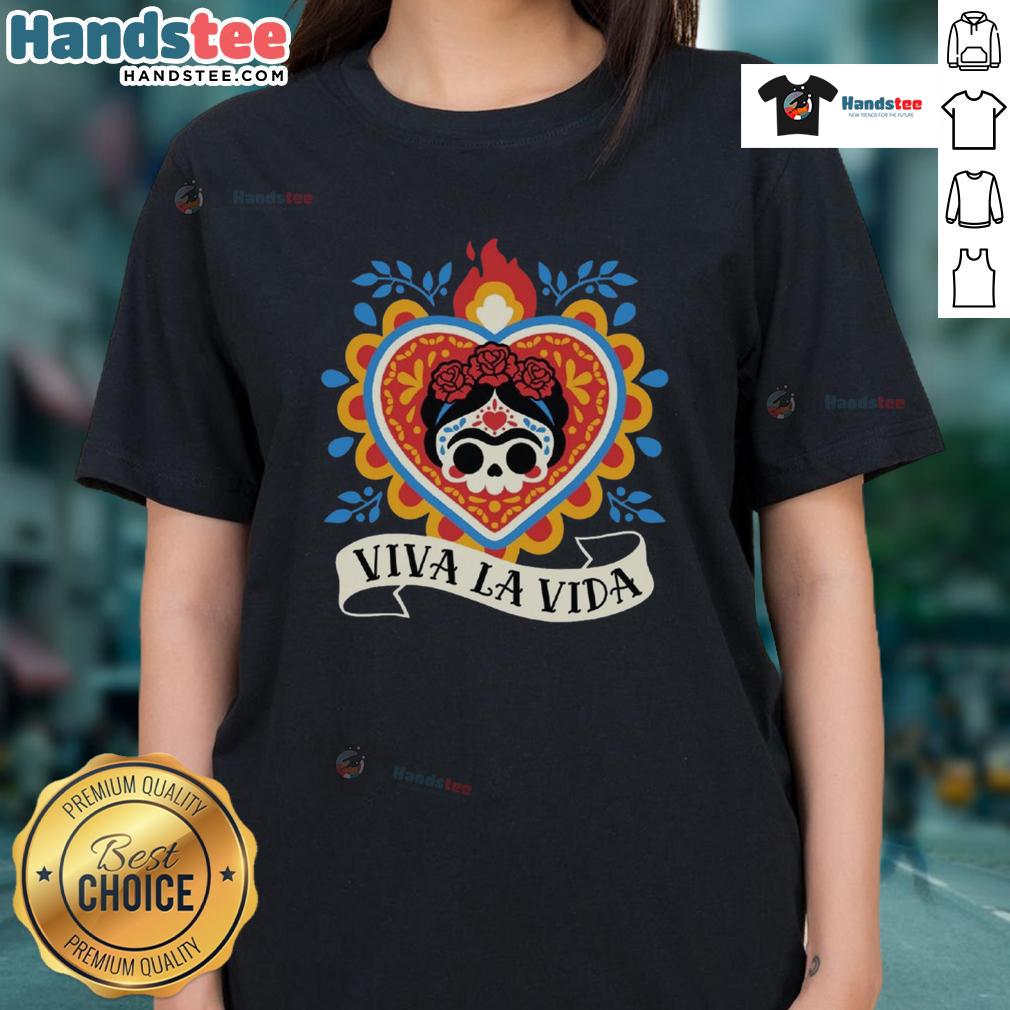 Nice Calavera Frida Sagrado Corazon Ladies Tee Alt Text: Frida Kahlo-inspired Calavera design on a Sagrado Corazon ladies tee, showcasing vibrant colors and artistic details.