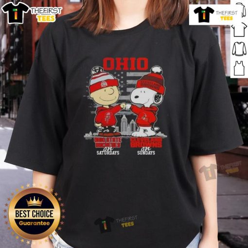 Nice Charlie Brown Ohio State Buckeyes tee and Snoopy Cleveland Browns shirt for ladies, perfect for game day style.