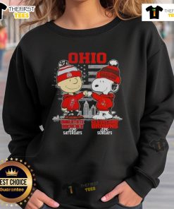 Ohio State Buckeyes and Cleveland Browns sweatshirt featuring Charlie Brown and Snoopy, perfect for game day style.