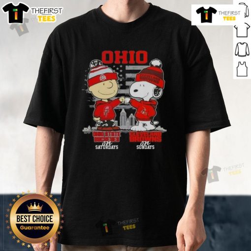 Nice Charlie Brown Ohio State Buckeyes X Snoopy Cleveland Browns Skyline T-Shirt for sports fans on game days.