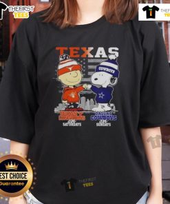Nice Charlie Brown Texas Longhorns tee for ladies, featuring Snoopy and Dallas Cowboys skyline, perfect for game days.