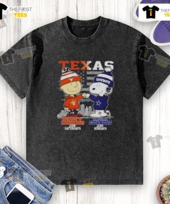 Alt Text: Washed t-shirt featuring Charlie Brown Texas Longhorns on Saturdays and Snoopy Dallas Cowboys on Sundays skyline design.
