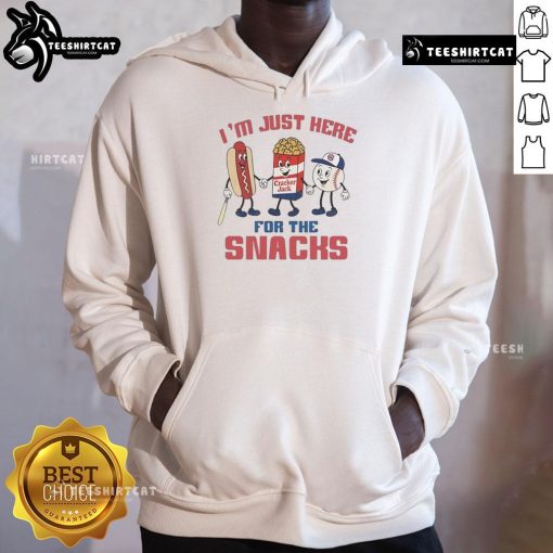 Alt Text: Chicago Cubs hoodie with slogan 'I'm Just Here For The Snacks', perfect for fans and snack lovers at games.