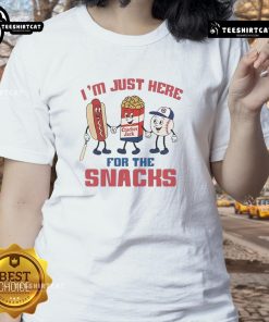 Nice Chicago Cubs I'm Just Here For The Snacks Ladies Tee featuring a fun design for Cubs fans and snack lovers.