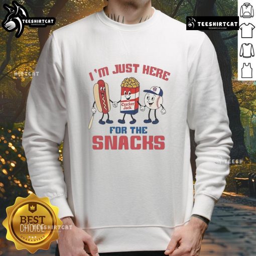 Nice Chicago Cubs I'm Just Here For The Snacks sweatshirt featuring team colors and playful graphic design.