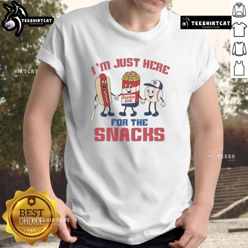 Alt Text: Nice Chicago Cubs I'm Just Here For The Snacks T-Shirt featuring a fun design for baseball fans and snack lovers.