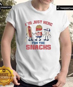 Alt Text: Nice Chicago Cubs I'm Just Here For The Snacks T-Shirt featuring a fun design for baseball fans and snack lovers.