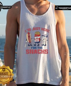 Chicago Cubs tank top with 'I'm Just Here For The Snacks' slogan, perfect for fans enjoying game day snacks.