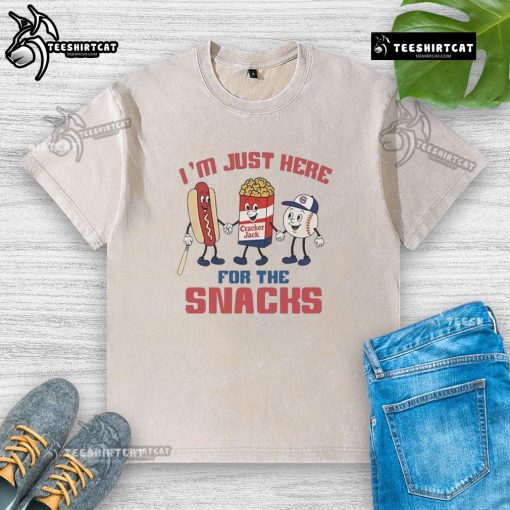 Nice Chicago Cubs I'm Just Here for the Snacks washed t-shirt displayed on a hanger, perfect for baseball fans.