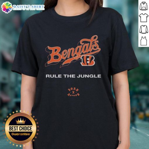 Nice Cincinnati Bengals Born x Raised Rule The Jungle Ladies Tee showcasing team pride in stylish women's apparel.