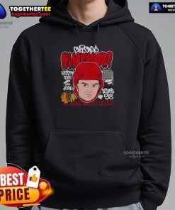 Cartoon hoodie featuring Connor Bedard with a big head, showcasing Chicago Blackhawks NHL style.