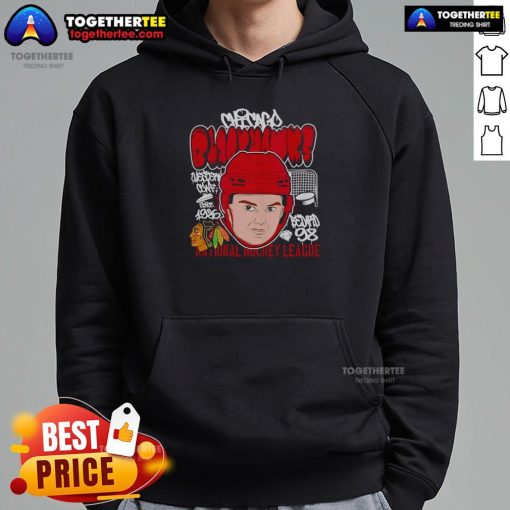 Cartoon hoodie featuring Connor Bedard with a big head, showcasing Chicago Blackhawks NHL style.