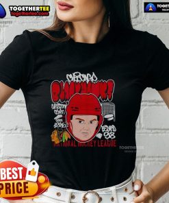 Cartoon of Connor Bedard with a big head, featured on a ladies tee for Chicago Blackhawks NHL fans.