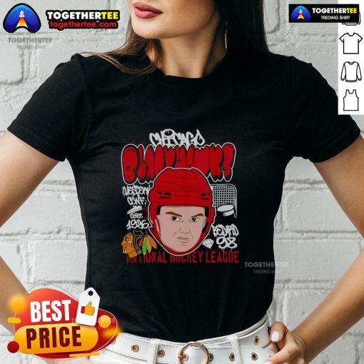 Cartoon of Connor Bedard with a big head, featured on a ladies tee for Chicago Blackhawks NHL fans.