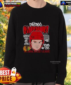 Cartoon sweatshirt featuring Connor Bedard with a big head, showcasing his Chicago Blackhawks NHL spirit and style.