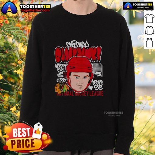 Cartoon sweatshirt featuring Connor Bedard with a big head, showcasing his Chicago Blackhawks NHL spirit and style.