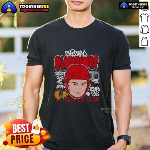 Alt Text: Cartoon T-shirt featuring a big head of Connor Bedard, showcasing Chicago Blackhawks NHL team spirit and style.