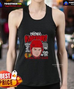 Cartoon tank top featuring Connor Bedard with a big head, representing the Chicago Blackhawks NHL team.