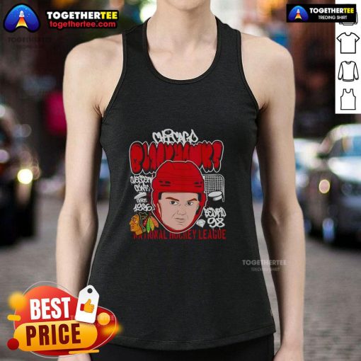 Cartoon tank top featuring Connor Bedard with a big head, representing the Chicago Blackhawks NHL team.