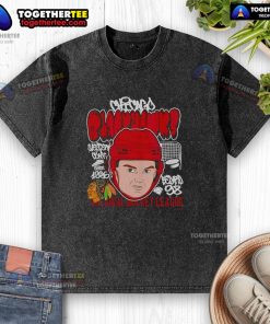 Alt Text: Cartoon of Connor Bedard with a big head on a washed t-shirt, featuring the Chicago Blackhawks logo in NHL style.