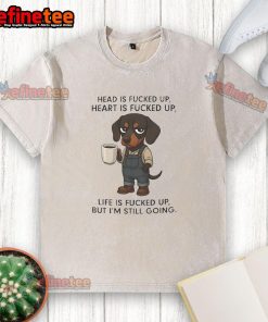 Nice Dachshund head graphic on a washed t-shirt with 'Heart is Fucked Up' text, showcasing a quirky, playful design.
