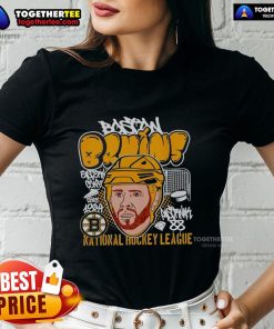 Alt Text: Cartoon of David Pastrnak with a big head on a Boston Bruins ladies tee, showcasing NHL team spirit and style.
