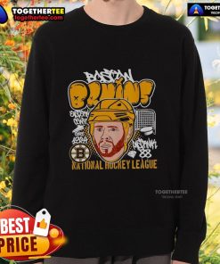 Cartoon sweatshirt featuring David Pastrnak with a big head, showcasing Boston Bruins NHL style and fan spirit.
