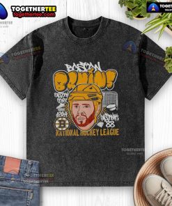 Cartoon of David Pastrnak with a big head on a washed t-shirt, showcasing Boston Bruins NHL spirit and style.