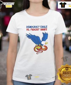 Nice Democracy Eagle vs Fascist Snake Ladies Tee design showcasing a powerful clash of symbols for freedom and oppression.