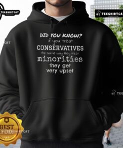 Nice hoodie with a provocative slogan on treating conservatives like minorities, sparking conversation and awareness.