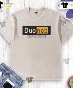 Alt Text: Nice Duoneb medication in a cup, provided by your local respiratory therapist, next to a washed T-shirt.