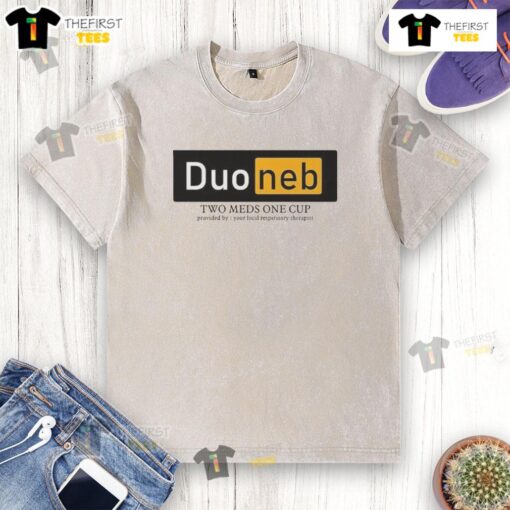Alt Text: Nice Duoneb medication in a cup, provided by your local respiratory therapist, next to a washed T-shirt.