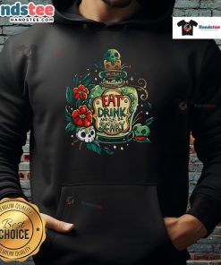Alt Text: Cozy 'Eat, Drink, and Be Very Scary' hoodie perfect for Halloween festivities and autumn outings.