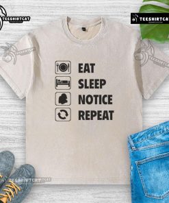 2025 washed t-shirt featuring 'Eat Sleep Notice Repeat' slogan, perfect for casual wear and relaxed lifestyle.