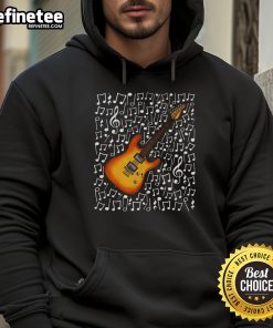 Musician wearing a hoodie, playing a nice electric guitar with musical notes, perfect for music teachers and guitarists.