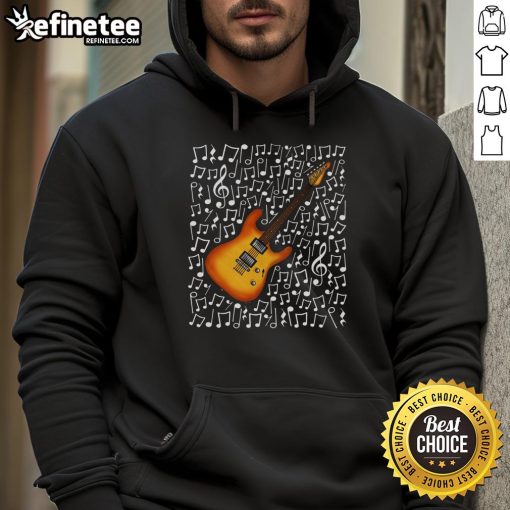 Musician wearing a hoodie, playing a nice electric guitar with musical notes, perfect for music teachers and guitarists.