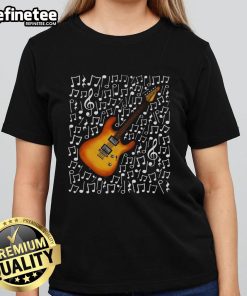 Nice electric guitar with musical notes, perfect for a music teacher or guitarist, featured on a stylish ladies' tee.