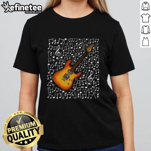 Nice electric guitar with musical notes, perfect for a music teacher or guitarist, featured on a stylish ladies' tee.