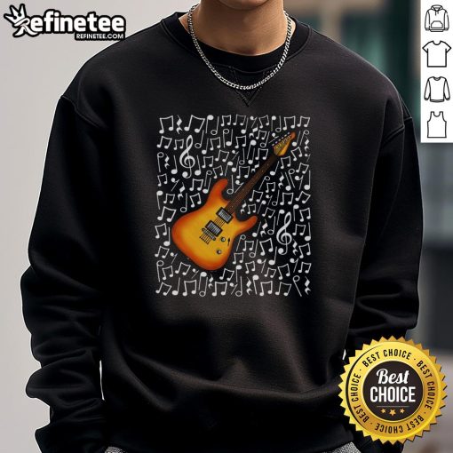 Musician wearing a sweatshirt with a nice electric guitar and musical notes, ideal for music teachers and guitarists.