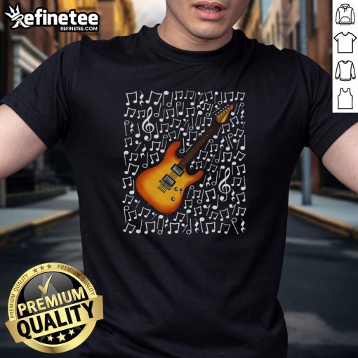 Alt Text: Electric guitar t-shirt featuring musical notes, perfect for music teachers and guitarists.