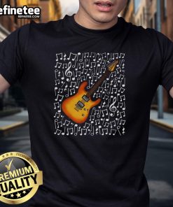 Alt Text: Electric guitar t-shirt featuring musical notes, perfect for music teachers and guitarists.