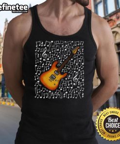 Musician in a tank top playing a nice electric guitar with musical notes, showcasing talent as a music teacher.