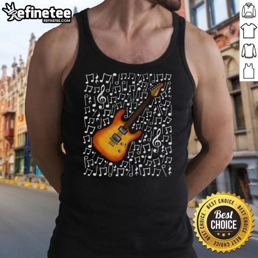 Musician in a tank top playing a nice electric guitar with musical notes, showcasing talent as a music teacher.