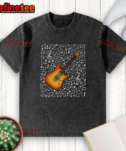 Musician wearing a washed t-shirt plays a nice electric guitar with musical notes, perfect for a music teacher.