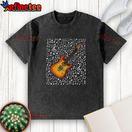 Musician wearing a washed t-shirt plays a nice electric guitar with musical notes, perfect for a music teacher.