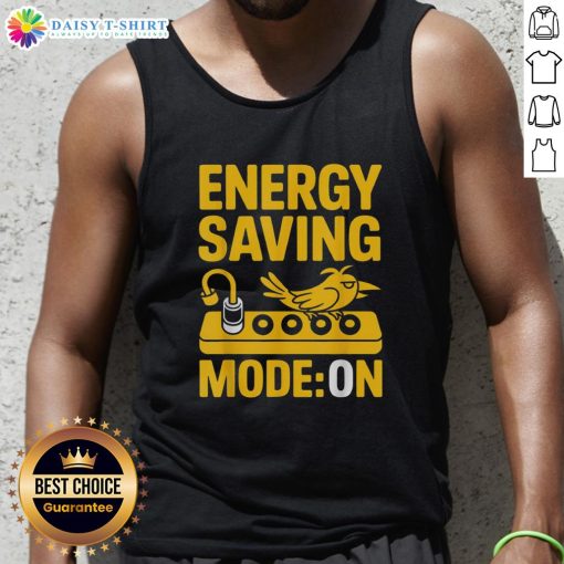 Relaxed bird graphic on a tank top featuring energy-saving mode, perfect for casual summer wear.