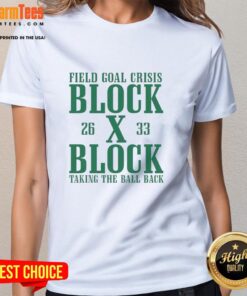 Womens tee featuring a dramatic field goal block scene, showcasing athleticism and teamwork in sports.
