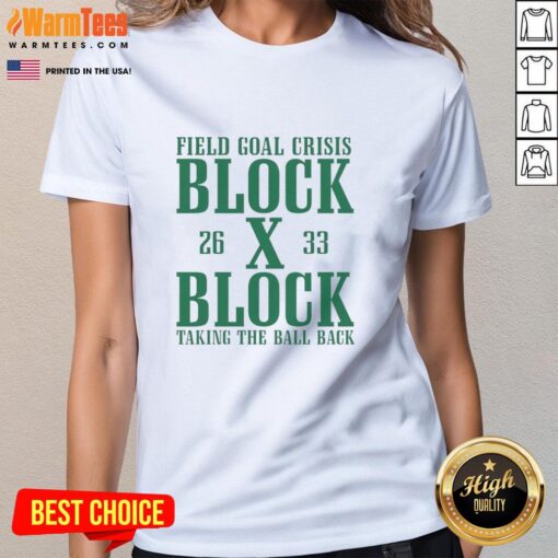 Womens tee featuring a dramatic field goal block scene, showcasing athleticism and teamwork in sports.