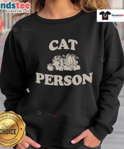 Person wearing a Nice Garfield Cat sweatshirt, showcasing vibrant graphics and cozy style perfect for cat lovers.